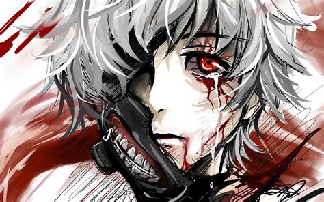 Download Close Up Mask Blood White Hair Red Eyes Tears Ken Kaneki Anime