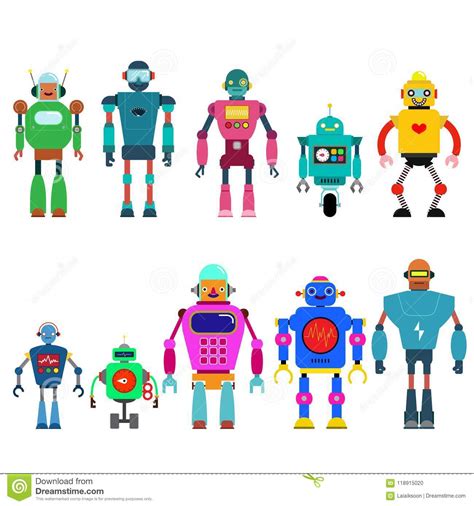 Set Of Different Cartoon Robots Characters Spaceman Cyborg Icons Line