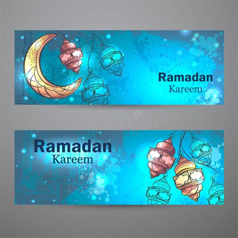 Ramadan Kareem Lamps And Crescent Moon Horizontal Banners Stock Vector