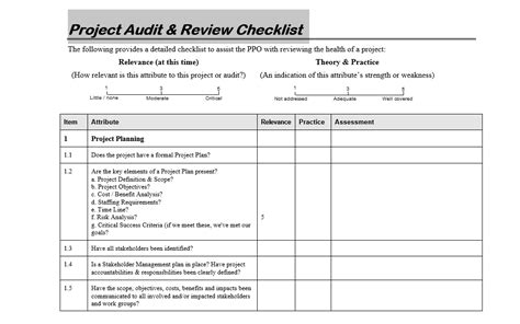 Project Audit And Review Checklist In Editable Document Format Project
