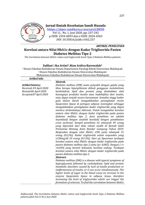 PDF Korelasi Antara Nilai HbA1c Dengan Kadar Trigliserida Pasien