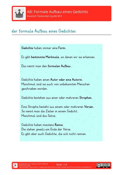 arbeitsblatt formale aufbau eines gedichts deutsch textsorten lyrik