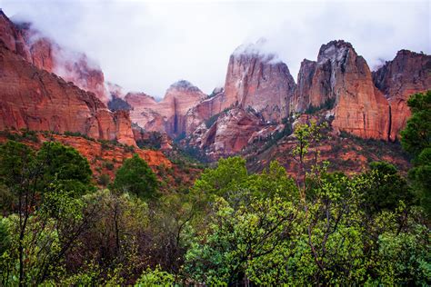 Zion National Park In A Dramatic Mist Along The Trans Zion Trek Trail