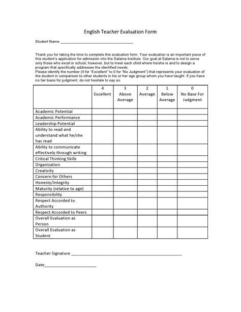 Student Evaluation Form For Teachers Template