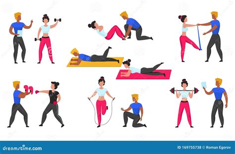 Fitness Trainer Gym Workout Poses Set Cartoon Coach Instructor