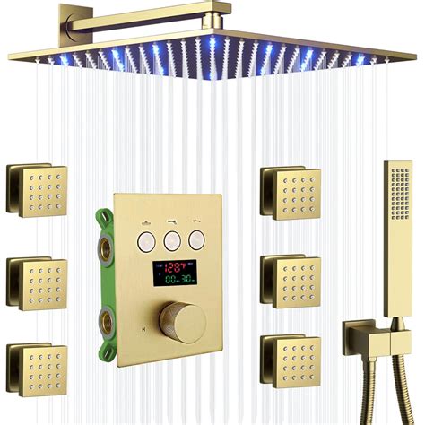 Buy Katais Brushed Gold Shower System With Body Jets Led 12 Inch Thermostatic Shower Body Spray