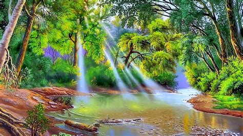 Nature River Trees With Green Leaves Sun Rays Art Hd