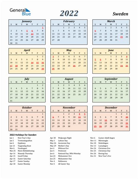 2022 Sweden Calendar With Holidays