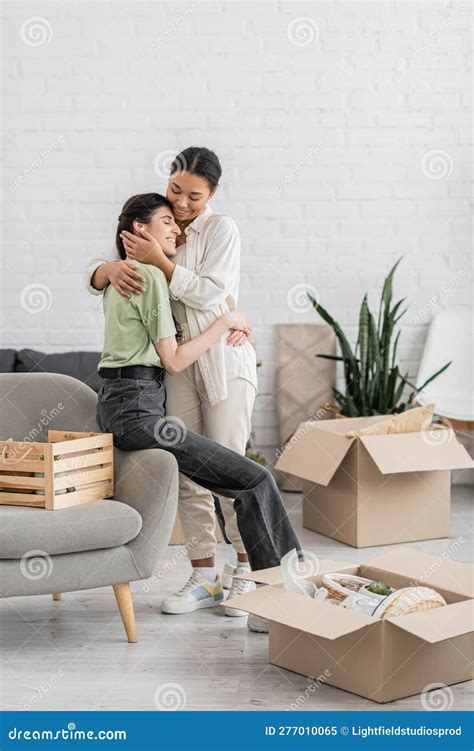 Happy Lesbian Woman Hugging Joyful Multiracial Stock Image Image Of Attractive Indoors 277010065