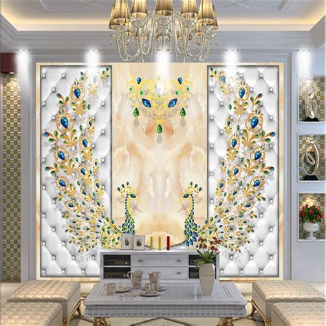 Wooden sliding doors custom wallpaper living room partition design decor chinese style interior painted ceiling mural living room tv wall wall design. Home Decor Wallpaper for Living Room Peacock Soft Pearl ...