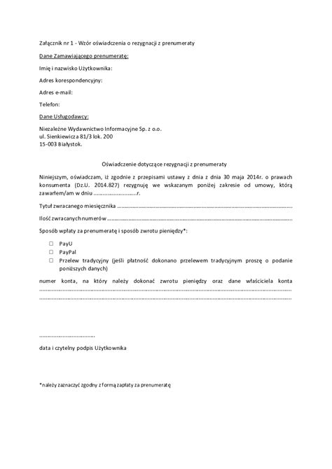 Wzór oświadczenia o rezygnacji z prenumeraty - Pobierz pdf z Docer.pl