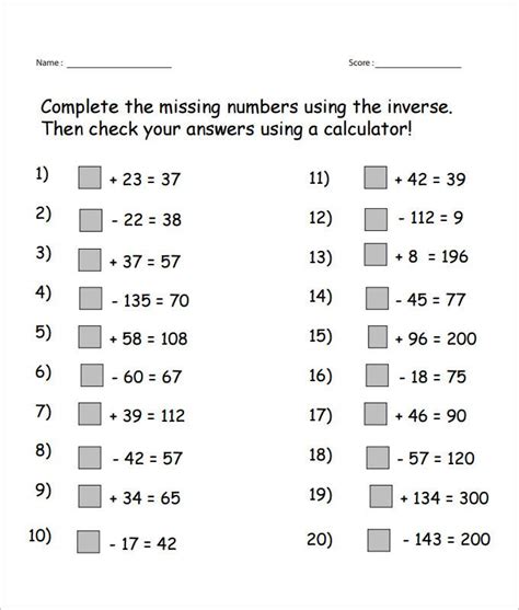 Using Inverse To Find Missing Numbers Worksheet Year 5