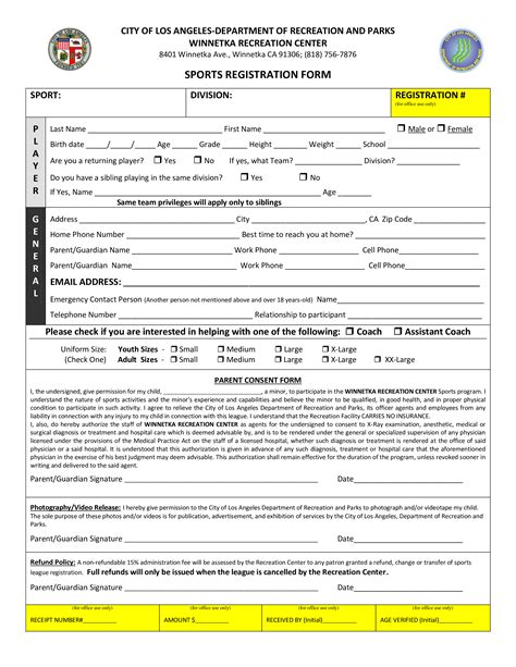 Free Printable Sports Registration Forms Printable Forms Free Online