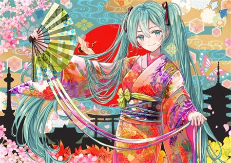 Wallpaper Vocaloid Kimono Hatsune Miku Sakura Blossom Japanese