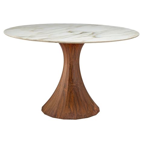 Italian Round Marble Table With Wooden Pedestal Circa 1970 Marble