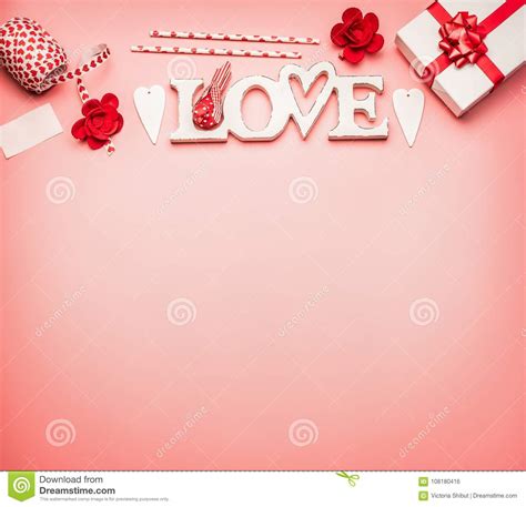 Valentines Day Background With Flat Lay Border Of Word Love Hearts