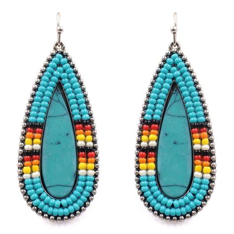Turquoise Stone Seed Beaded Earrings We Love The Big Turquoise Stone