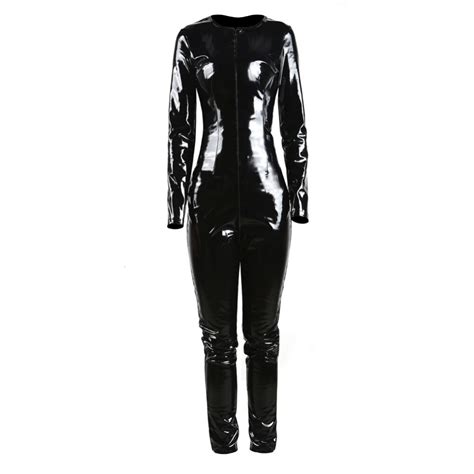 S Xxl New Sexy Zipper Womens Faux Leather Jumpsuit Long Sleeves Slim Pvc Catsuit Pvc Latex Wet