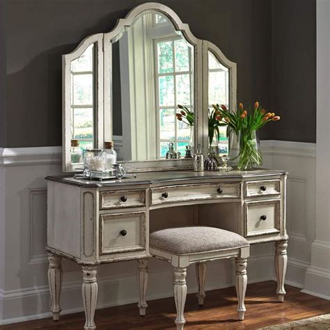 White Antique Vanity With Stool And Beveled Mirror Jeromes Bedroom