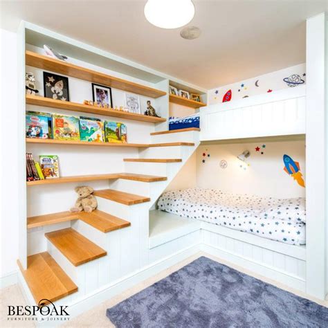 Bespoke Handmade Fitted Wooden Bunk Beds With Staircase Shelves And