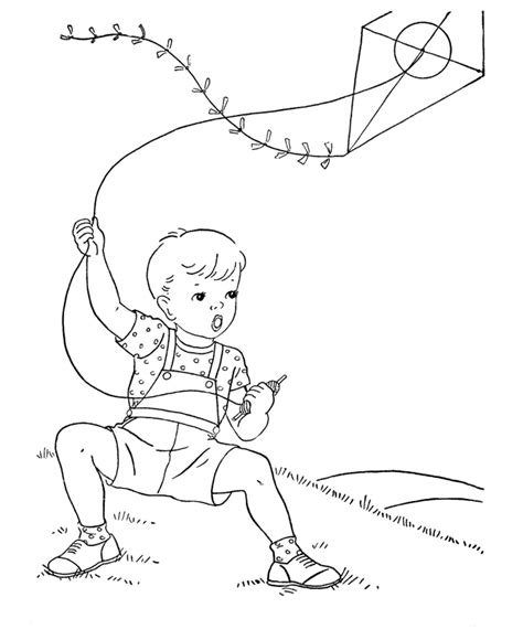 2 boys and one girl are flying kite on the field. Kite Flying Coloring Pages - Coloring Home