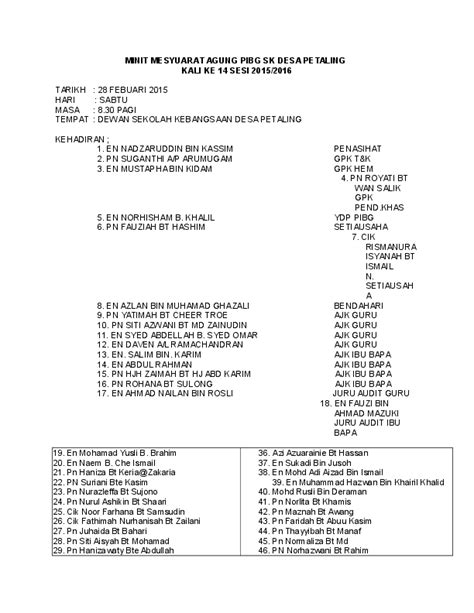 Minit mesyuarat penting kerana minit merupakan sumber rujukan masa hadapan. (DOC) MINIT MESYUARAT AGUNG PIBG SK DESA PETALING KALI KE ...