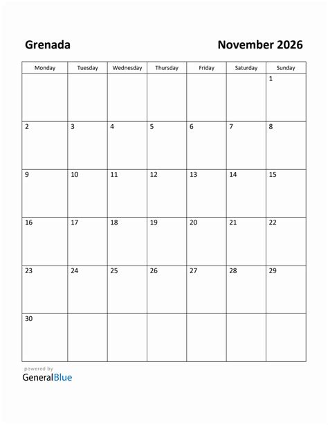 Free Printable November 2026 Calendar For Grenada