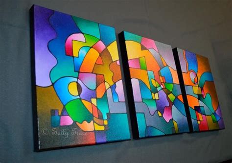 Original Abstract Geometric Painting Triptych A Further Theory
