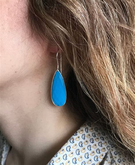 Boho Turquoise Drop Earring Long Dangle Blue Earring Raw Gemstone