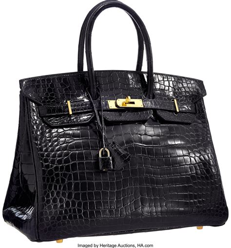 Hermes 35cm Shiny Black Porosus Crocodile Birkin Bag With Gold Lot