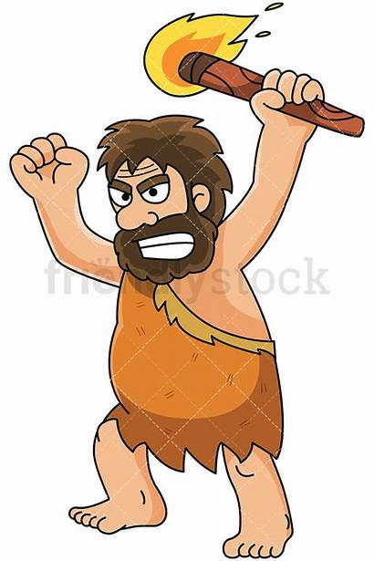 Holding Caveman Fire Torch Angry Cartoon Clipart