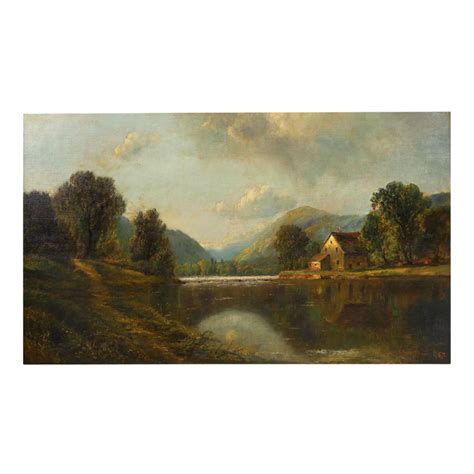 Antique Large Painting Of River Landscape By Edmund Darch Lewis