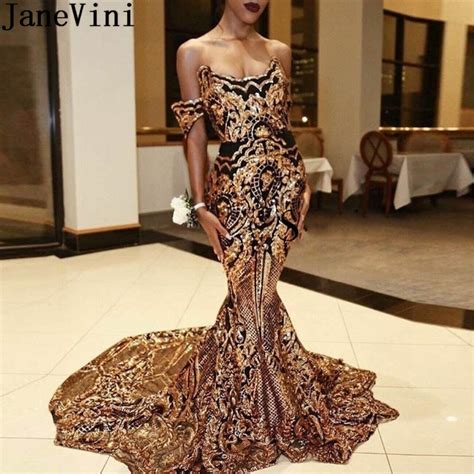 Janevini Sparkly Black And Gold Prom Dress Woman 2019 Mermaid Sequined