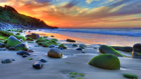Top 10 Computer Wallpapers Sunset Ocean Sandy Beach Rocks Green Movi