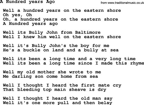 A Hundred Years Ago Sea Song Or Shantie Lyrics