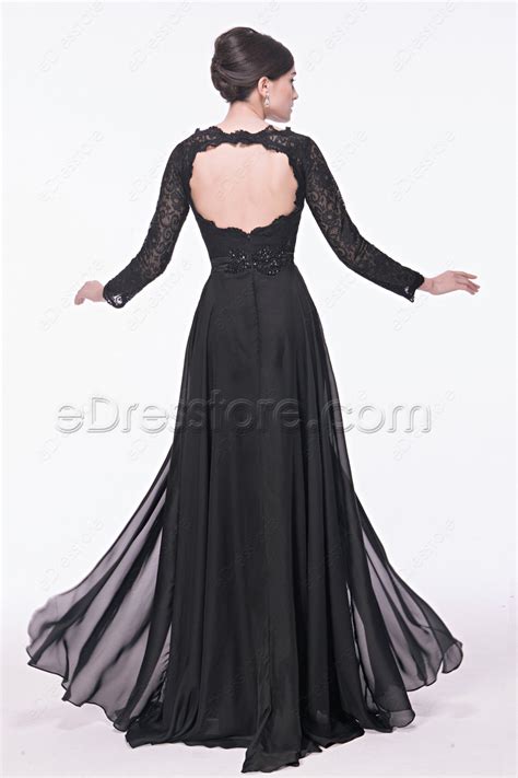 Black Lace Backless Prom Dresses Long Sleeves