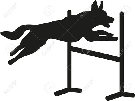 A Black And White Silhouette Of A Dog Jumping Over An Obstacle Stock