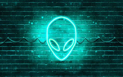 Download Wallpapers Alienware Turquoise Logo 4k Turquoise Brickwall