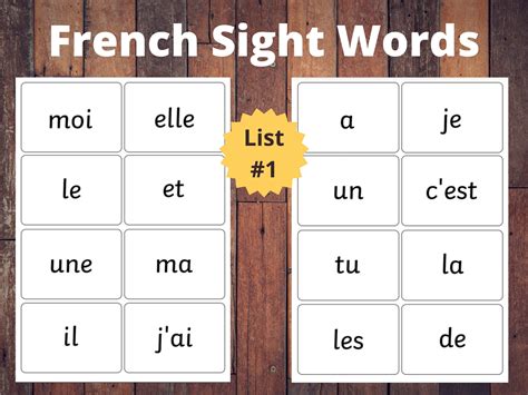 French Sight Word Flashcards List 1 Learning Basic French France