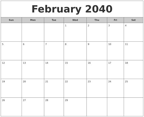 February 2040 Free Monthly Calendar