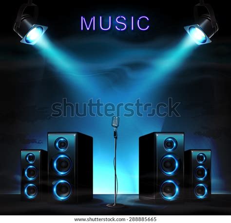 Stage Audio Speakers Microphone Spotlight Sparkles Stock Vector