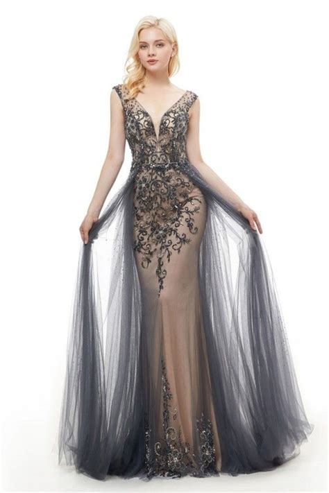 Gorgeous V Neck Backless Crystal Beaded Grey Tulle Mermaid Maxi Prom Evening Dress Mermaid