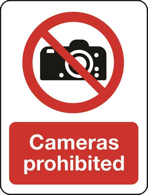 Prohibition safety signs generally depicted a black safety symbol in a red circle with a diagonal cross through. Cameras prohibited sign | Stocksigns