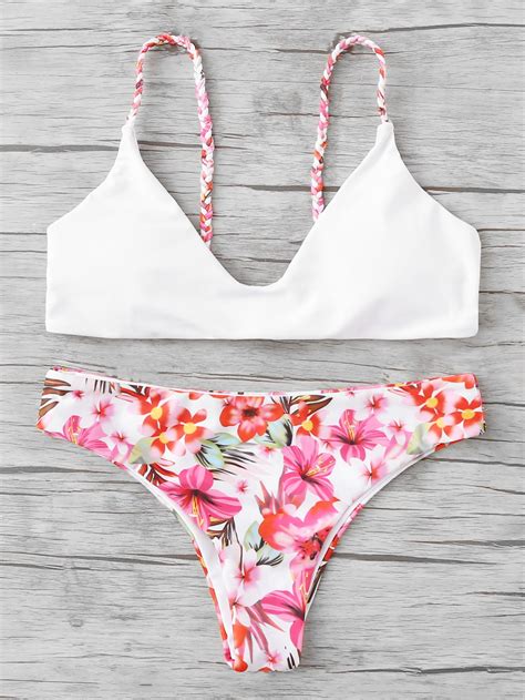 Braided Straps Calico Print Bikini Set Shein Sheinside Floral Pattern Bikini Cute Swimsuits