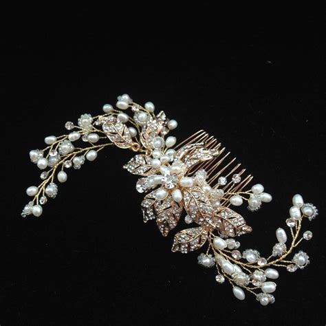crystal bridal hair comb gold rhinestone flower wedding headpiece crystal and pearl spray comb