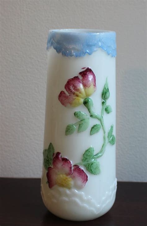 Antique Hand Painted Flowers Embossed Milk Glass Vase 7 Tall Hand Painted Flowers Milk Glass