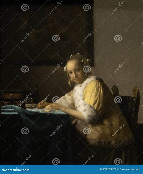 Lady Writing A Letter In Yellow By Dutch Golden Age Painter Johannes
