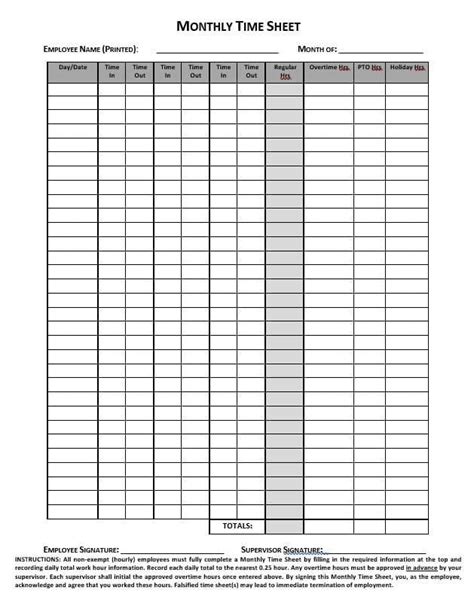 Simple Printable Monthly Timesheet Template Word Approveme