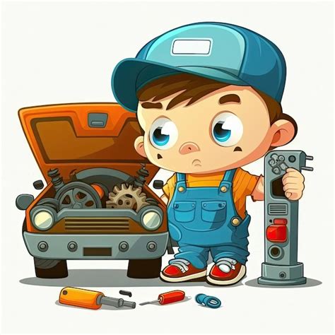 Mecánico Reparando El Personaje De Dibujos Animados Del Automóvil