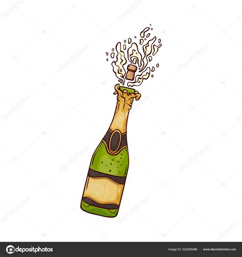 Vector Illustration Of Champagne Bottle With Popping Cork And Explosion